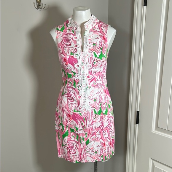 Lilly Pulitzer Alexa Shift Dress Flamingo Pink Green White Lace Cruise Sz 2 - Picture 1 of 13